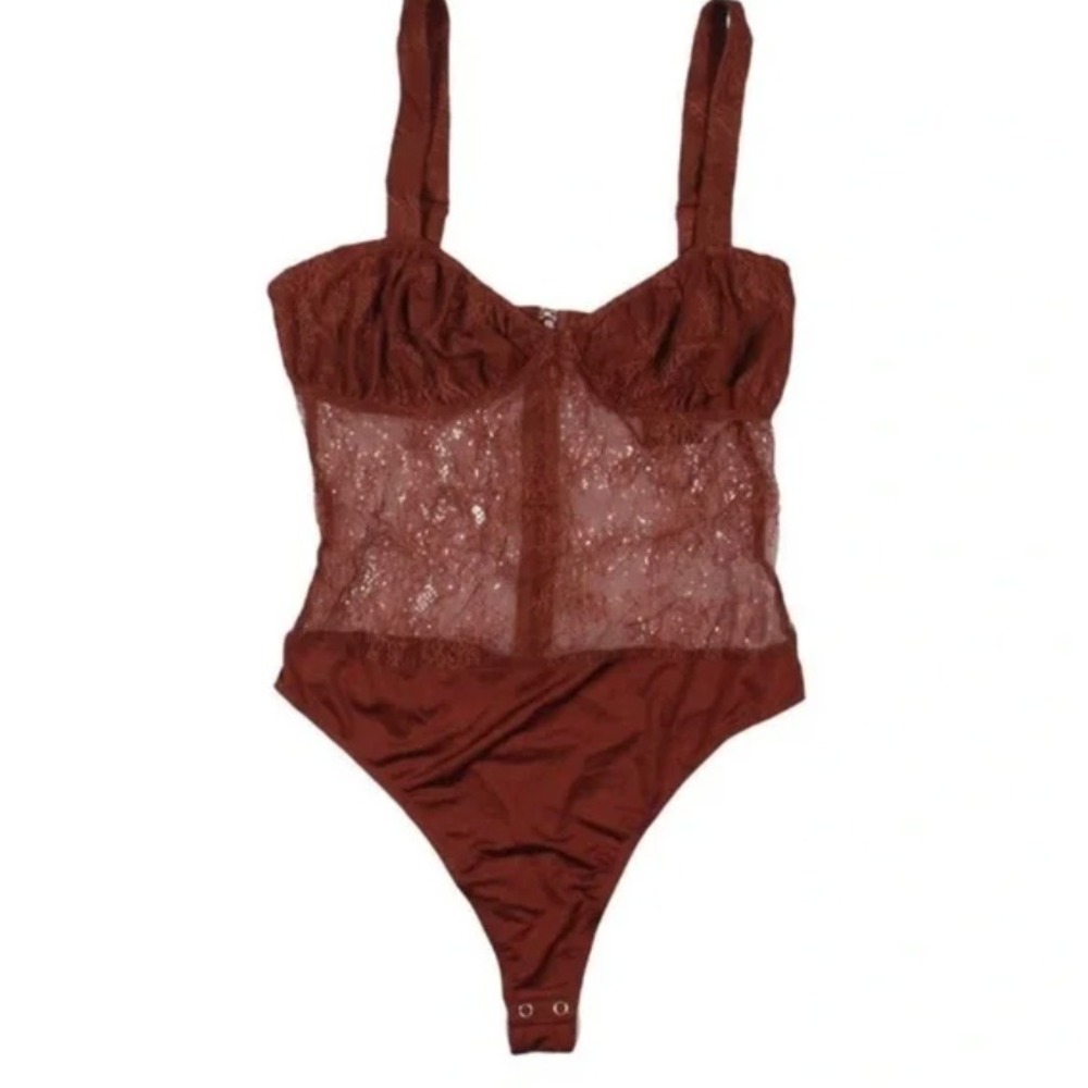 Danielle Bernstein x Macys Warm Brown Sheer Lace Corset Bodysuit 320B114 NWT 00